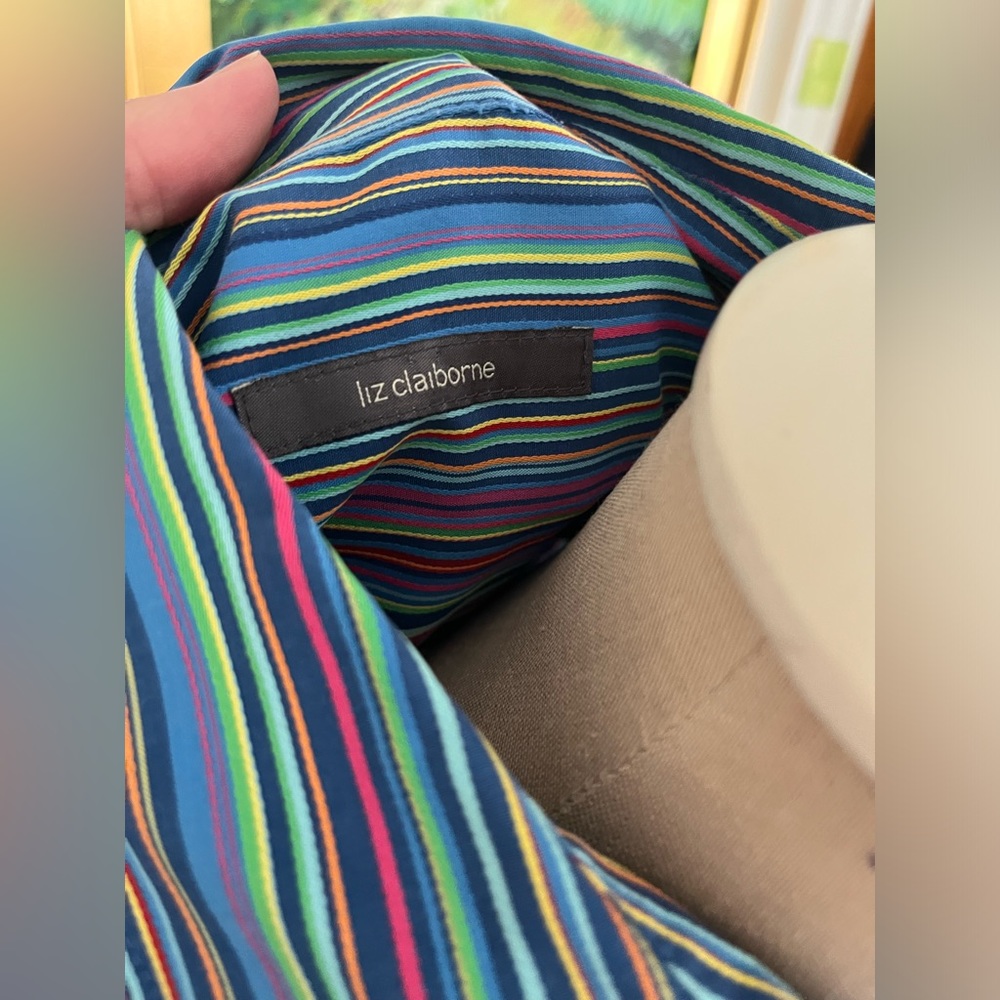 Liz Claiborne Striped Rainbow Blouse L Yellow Stitching VGUC Modern Arty - Picture 5 of 5